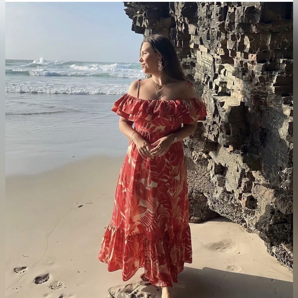 NWT Zara Printed Floral Red Cream Maxi Dress Bloggers Favorite L - Picture 13 of 16
